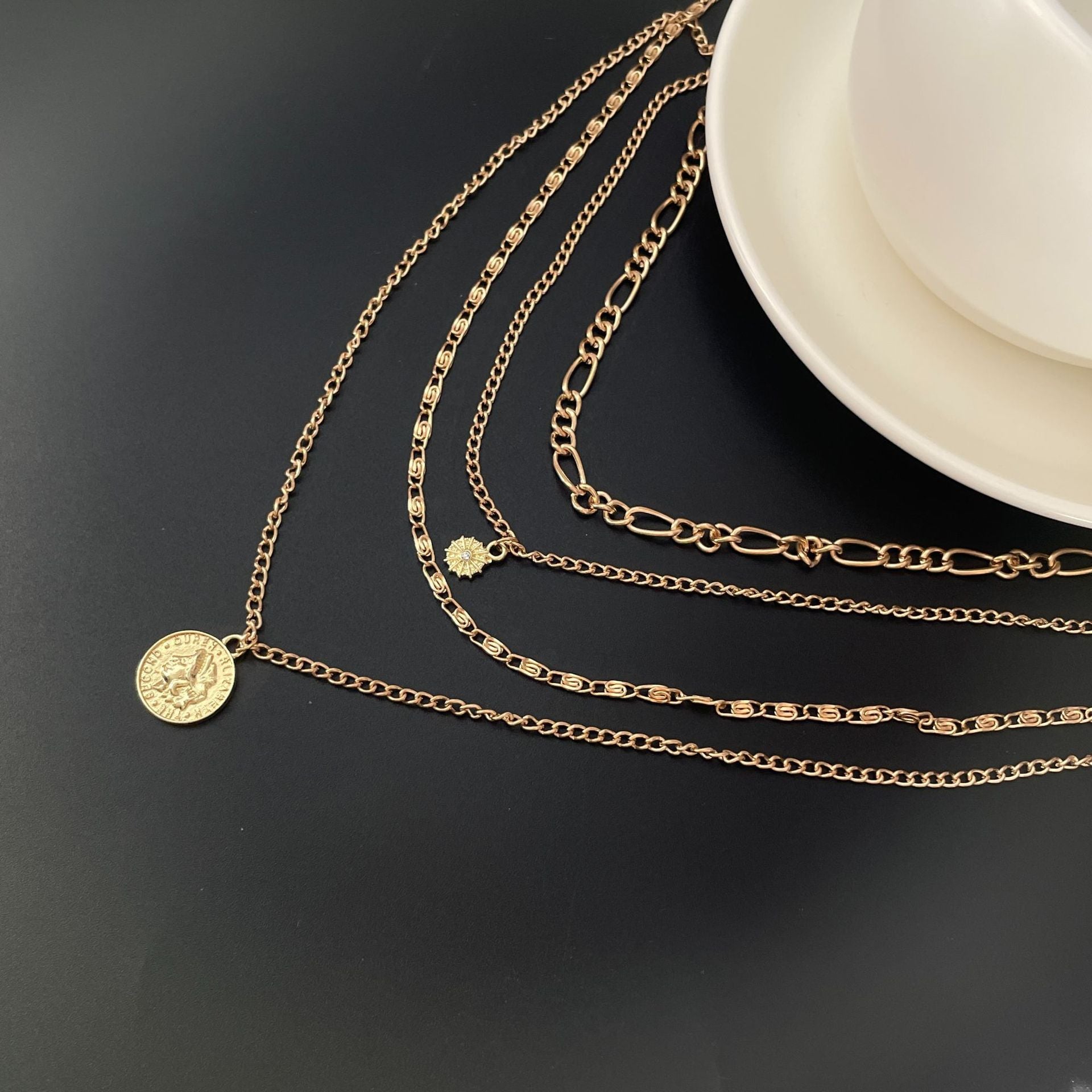 Golden Layered Charm Necklace Set